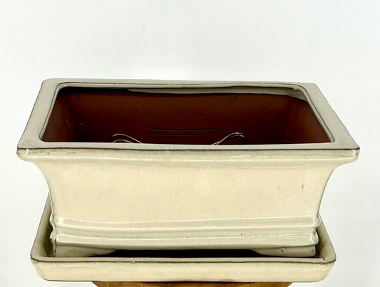 Beige Ceramic Bonsai Pot - Rectangle Professional Series with Attached Humidity/Drip tray  10.5" x 8.25" x 4.75"