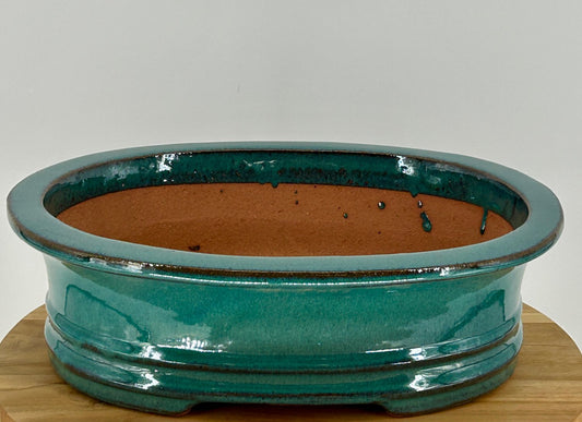 Blue / Green Ceramic Bonsai Pot - Oval   14.0" x 11.5" x 4.0"