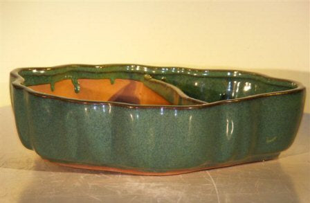 Blue/Green Ceramic Bonsai Pot with Scalloped Edges - Land/Water Divider   8.75" x 6.0" x 3.0"