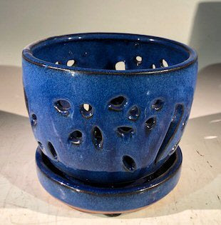Blue Ceramic Orchid Pot - Round  With Attached Humidity Drip Tray 6" x 6" x 4.5" tall