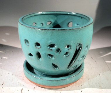 Light Blue Ceramic Orchid Pot - Round  With Attached Humidity Drip Tray 6" x 6" x 4.5" tall