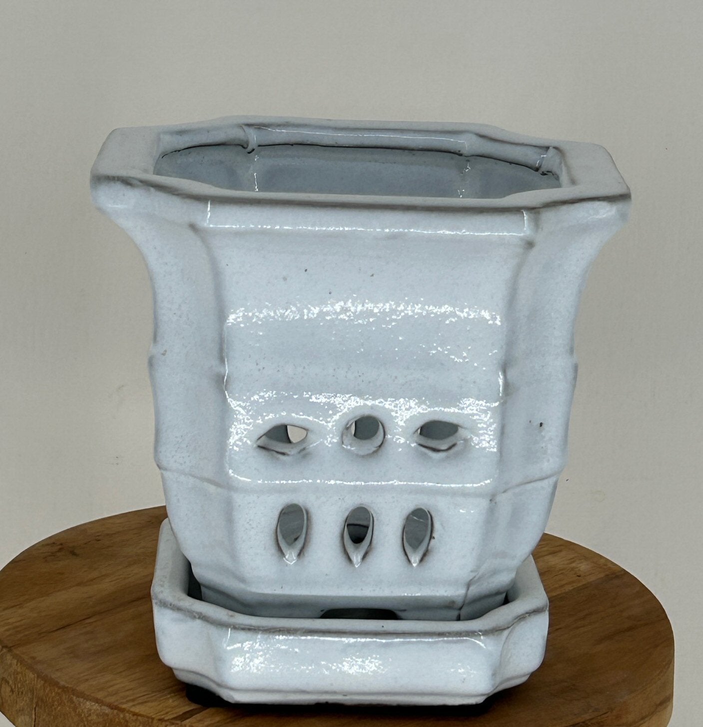 White Ceramic Orchid Pot Square with Indented Corners With Attached Humidity Drip Tray 5.5" x 5.5" x 5.25" tall