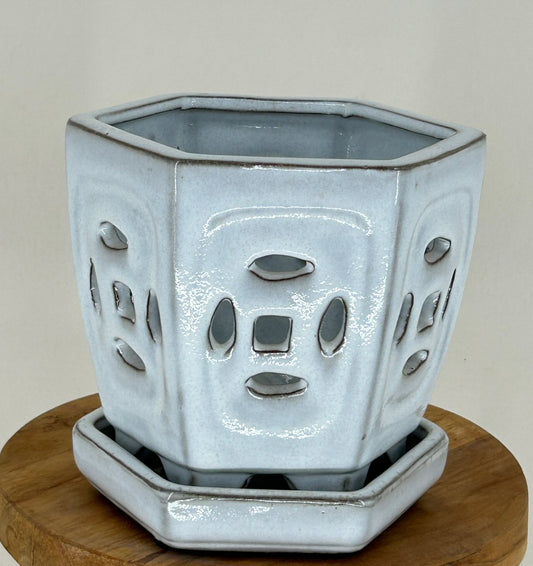 White Ceramic Orchid Pot  - Hexagon Shaped With Attached Humidity Drip Tray 5.5" x 5.5" x 5.25" tall