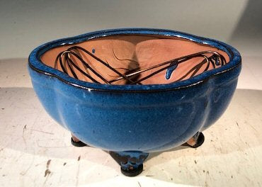 Blue Ceramic Bonsai Pot - Lotus Shaped  Professional Series   6" x 4" x 2"