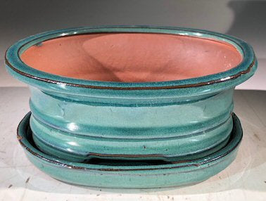 Blue / Green Ceramic Bonsai Pot -Oval With Humidity Drip Tray 7" x 5.5" x 3"