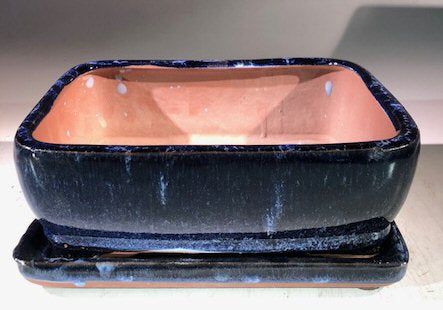 Marble Blue Ceramic Bonsai Pot - Rectangle With Humidity Drip Tray 8" x 6" x 3"