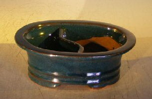 Dark Blue Ceramic Bonsai Pot - Oval Land/Water Divider   8.0" x 6.0" x 3.0" OD 6.5" x 5.0" x 2.5" ID
