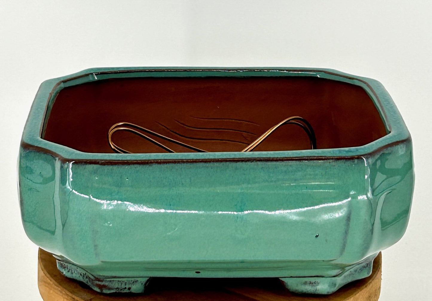 Light Green Ceramic Bonsai Pot Rectangle with Indented Corners Professional Series 8.25" x 6.75" x 3.5"