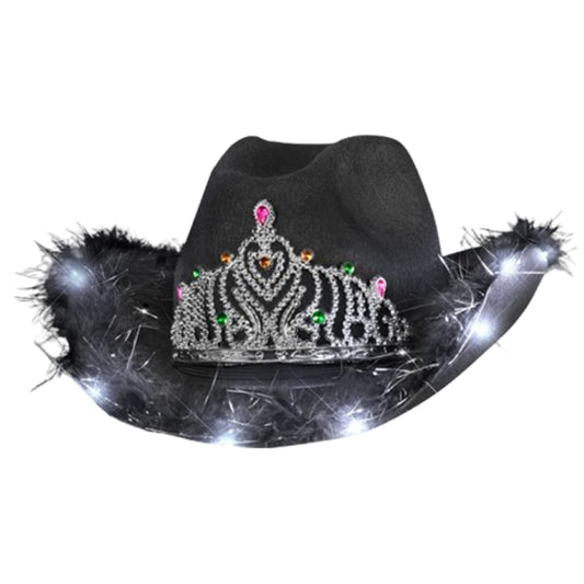 Light Up Black Bridal Cowboy Cowgirl Hat with Tiara