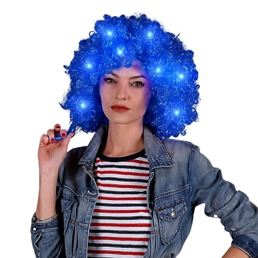 Blue Afro Wig with Flashing LEDs