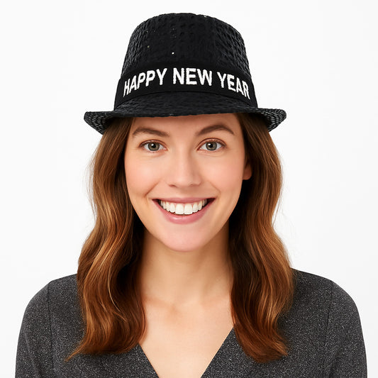 Light Up LED Happy New Year Fedora Black Pack of 6
