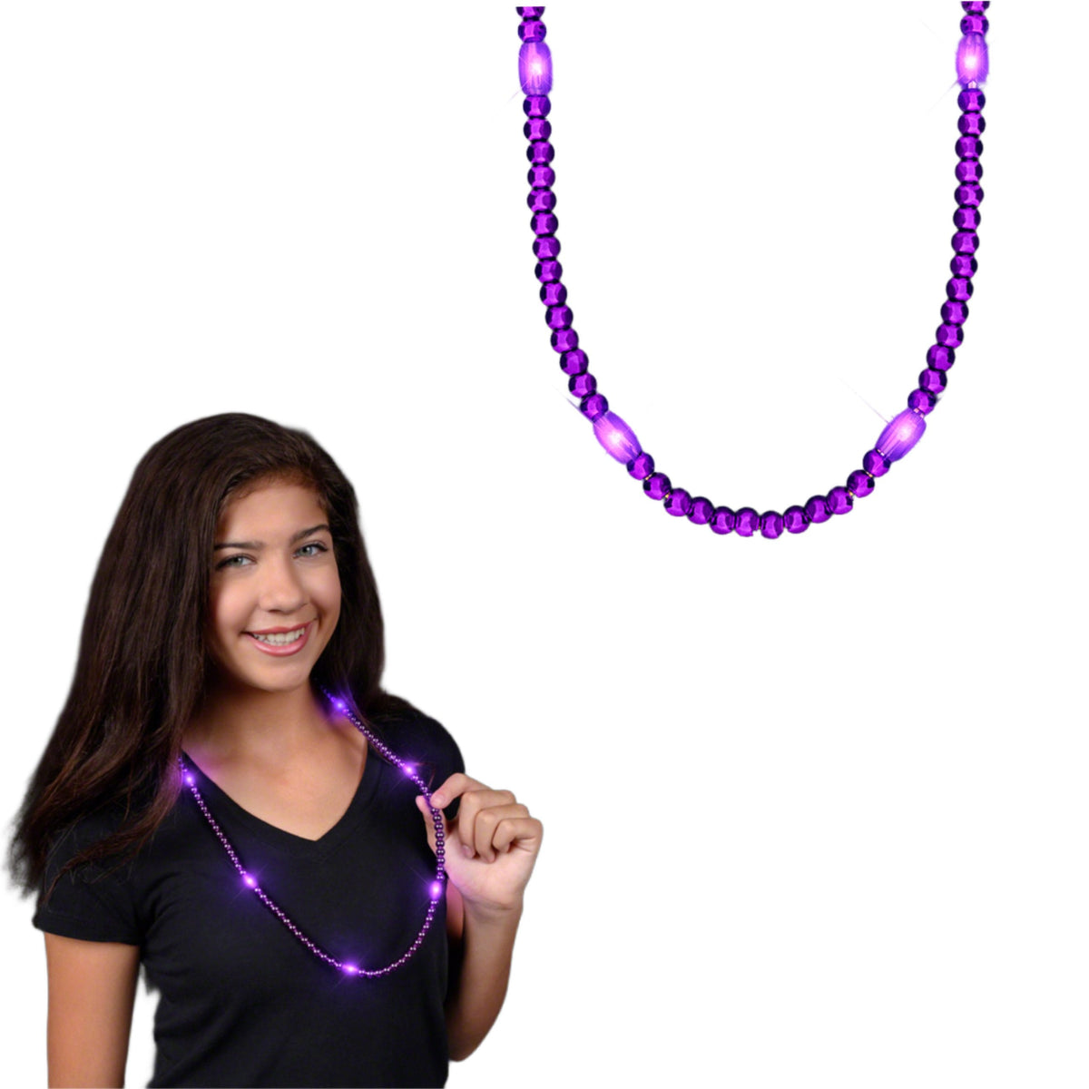 LED Necklace with Purple Metallic Beads for Mardi Gras