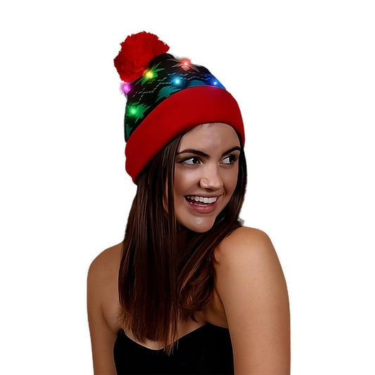 Light Up Black Red Pompom Beanie Hat