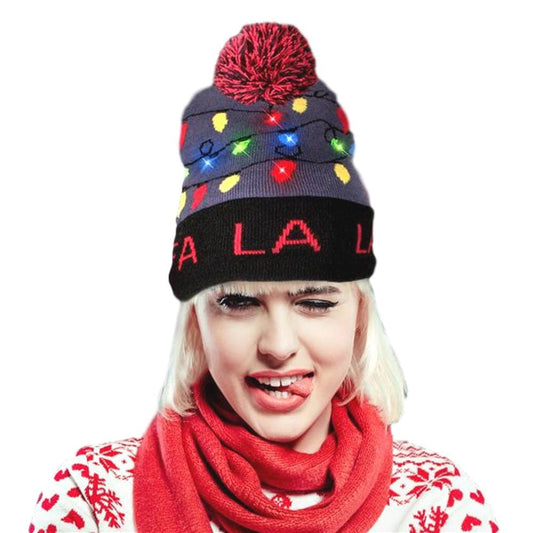 Light Up Fa La La Knit Red Black Pom Pom Beanie Hat Pack of 6