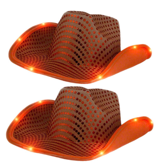 LED Flashing Cowboy Hat with Orange Sequins Pack of 2
