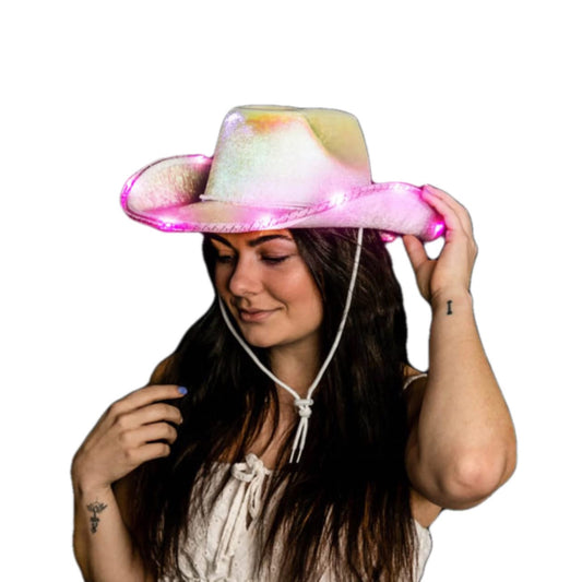 Light Up Glorious Luminous White Sheen Metallic Space Cowgirl Hat with Pink LEDs