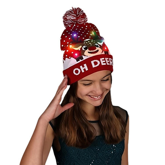 Light Up Oh Deer Red Pompom Beanie Hat
