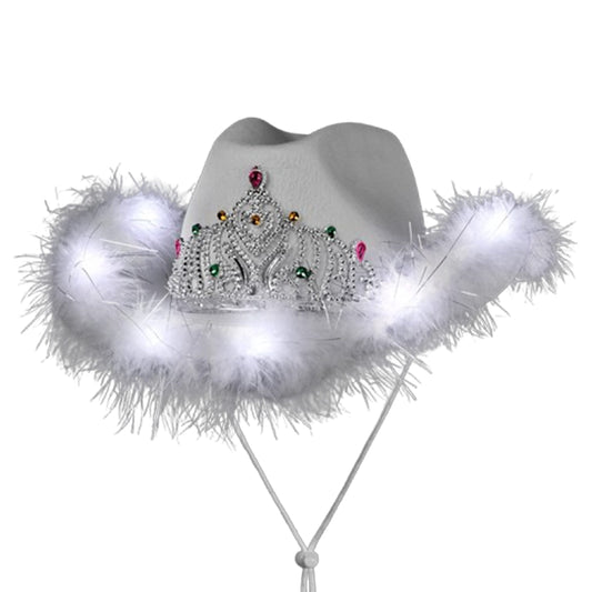Light Up White Tiara Bridal Cowboy Cowgirl Hat