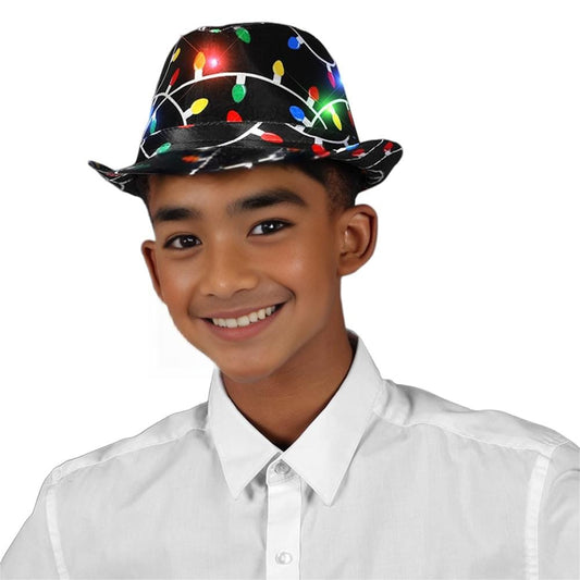 Black Fedora in Christmas Bulb Prints with Multicolor LEDs