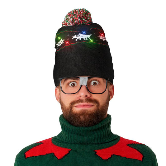 Light Up Reindeer Knit Pom Pom Beanie Hat Pack of 6
