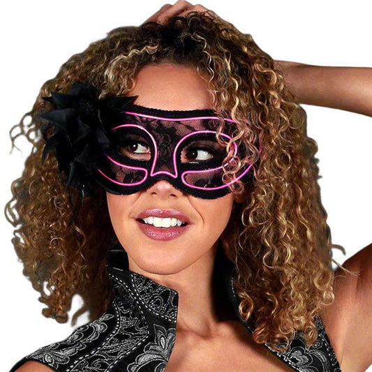 Pink Electro Luminescent Wire Black Lace Party Mask
