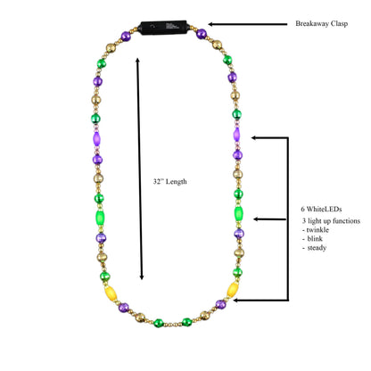 Disco Glam Edition Metallic Mardi Gras Beads Necklace with 6 LED Lights