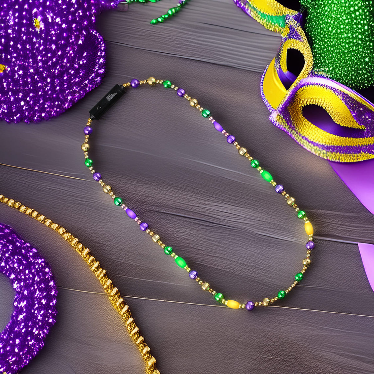 Disco Glam Edition Metallic Mardi Gras Beads Necklace with 6 LED Lights