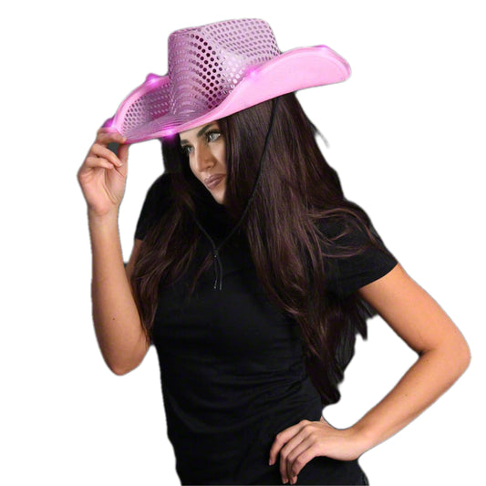LED Flashing Cowboy Hat with Pink Sequins