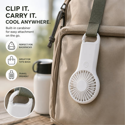 Portable 2 Speed White Mini Fan with Built In Carabiner Clip