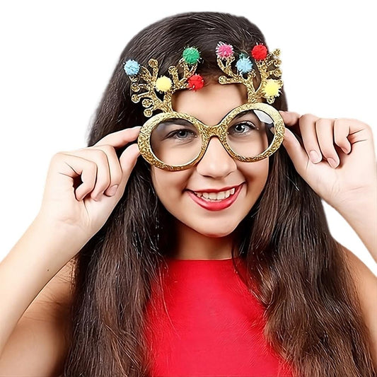 Gold Glitter Christmas Holiday Reindeer Antlers Animal Glasses
