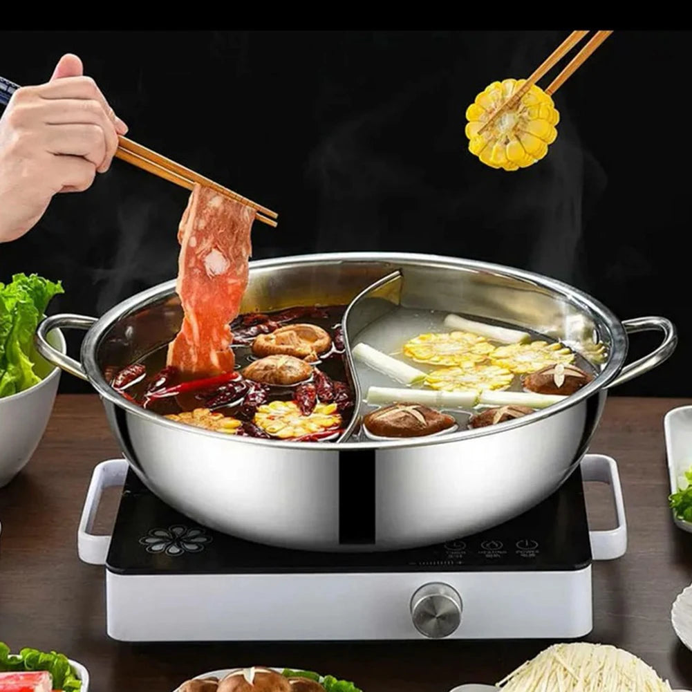 28cm Stainless Steel Twin Divided Double Pot Hotpot Cooker Gas Stove Compatible Pot Chinese Hot Pot Kitchen Soup Cooking Pot