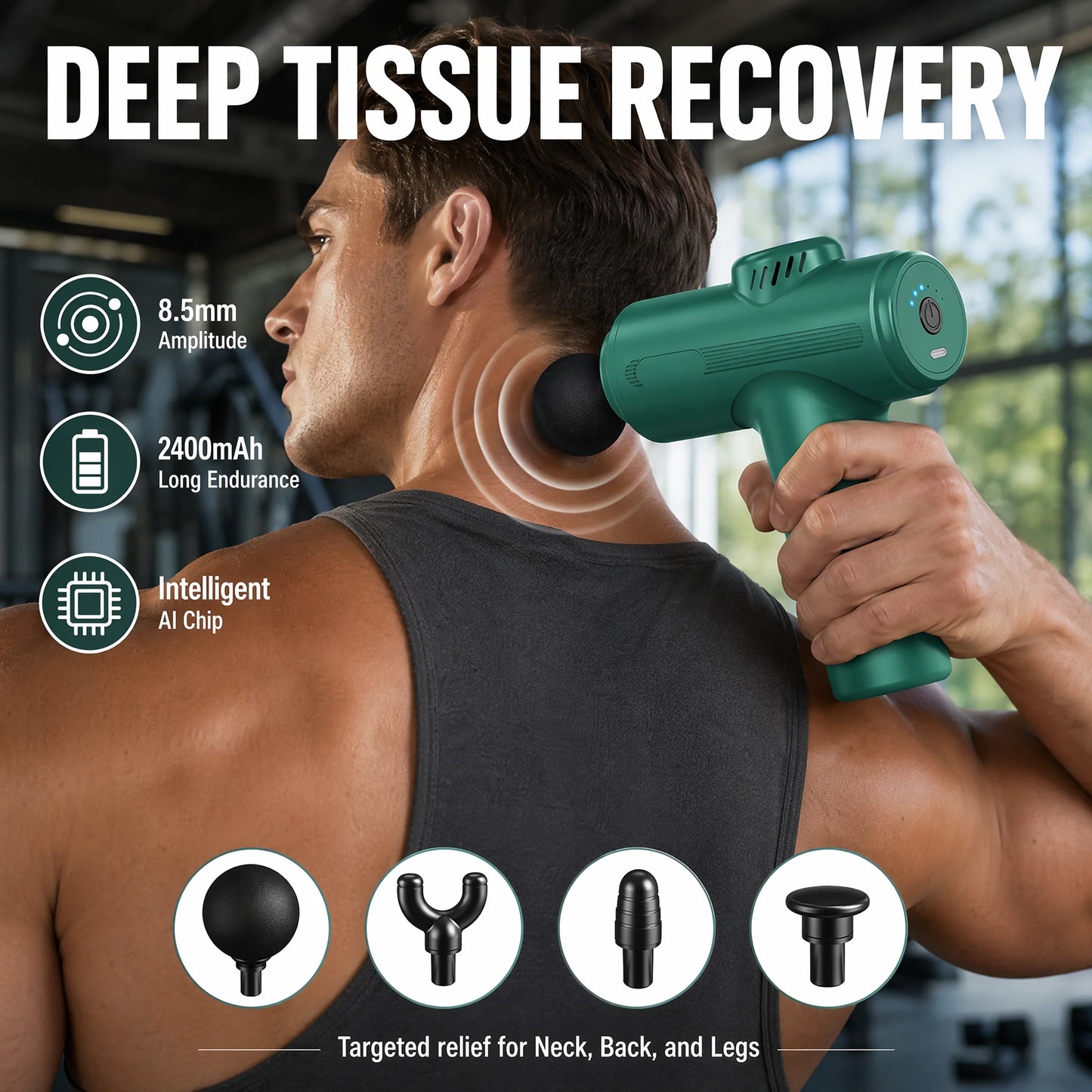 23800RPM Massage Gun, 8.5mm Deep Tissue Percussion Fascia Gun, 4 Heads Electric Muscle Massager for Full Body Relaxation