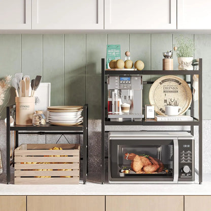 Expandable Microwave Stand, 2 Tier Metal Kitchen Countertop Organizer Shelves with 8 Hooks, 55lbs Capacity, Adjustable Height