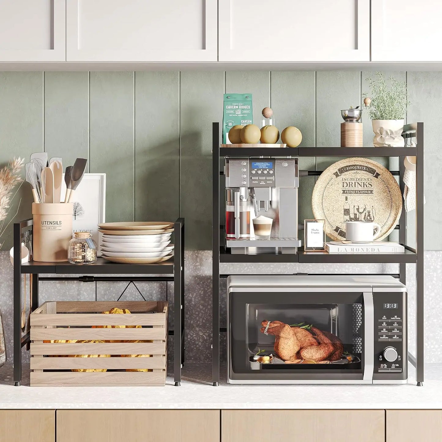 Expandable Microwave Stand, 2 Tier Metal Kitchen Countertop Organizer Shelves with 8 Hooks, 55lbs Capacity, Adjustable Height