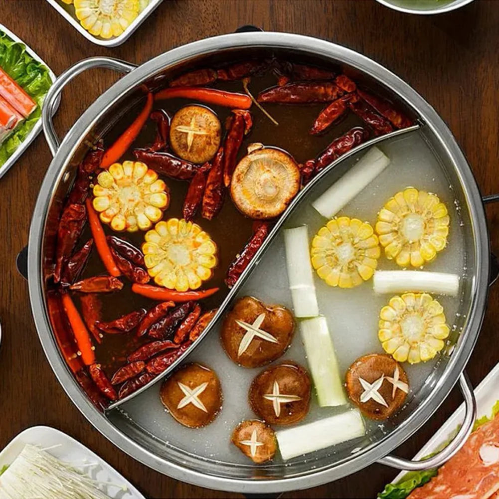28cm Stainless Steel Twin Divided Double Pot Hotpot Cooker Gas Stove Compatible Pot Chinese Hot Pot Kitchen Soup Cooking Pot