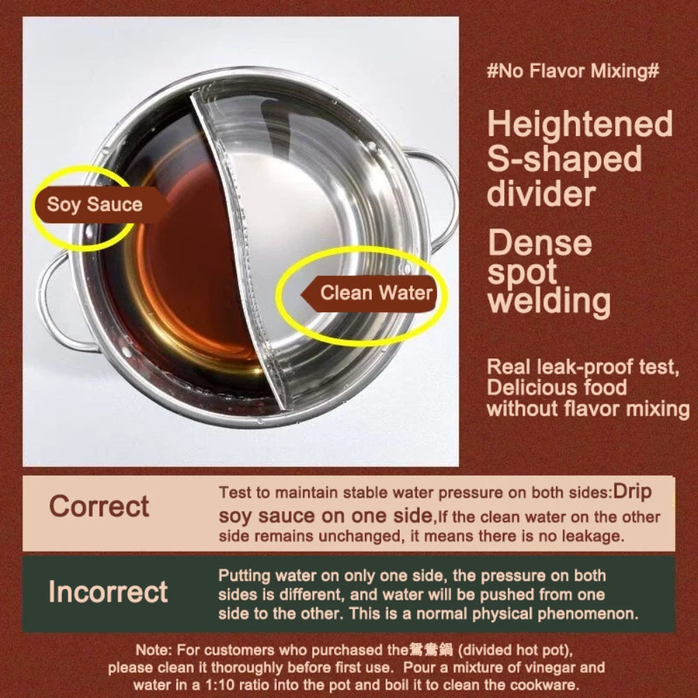 28cm Stainless Steel Twin Divided Double Pot Hotpot Cooker Gas Stove Compatible Pot Chinese Hot Pot Kitchen Soup Cooking Pot