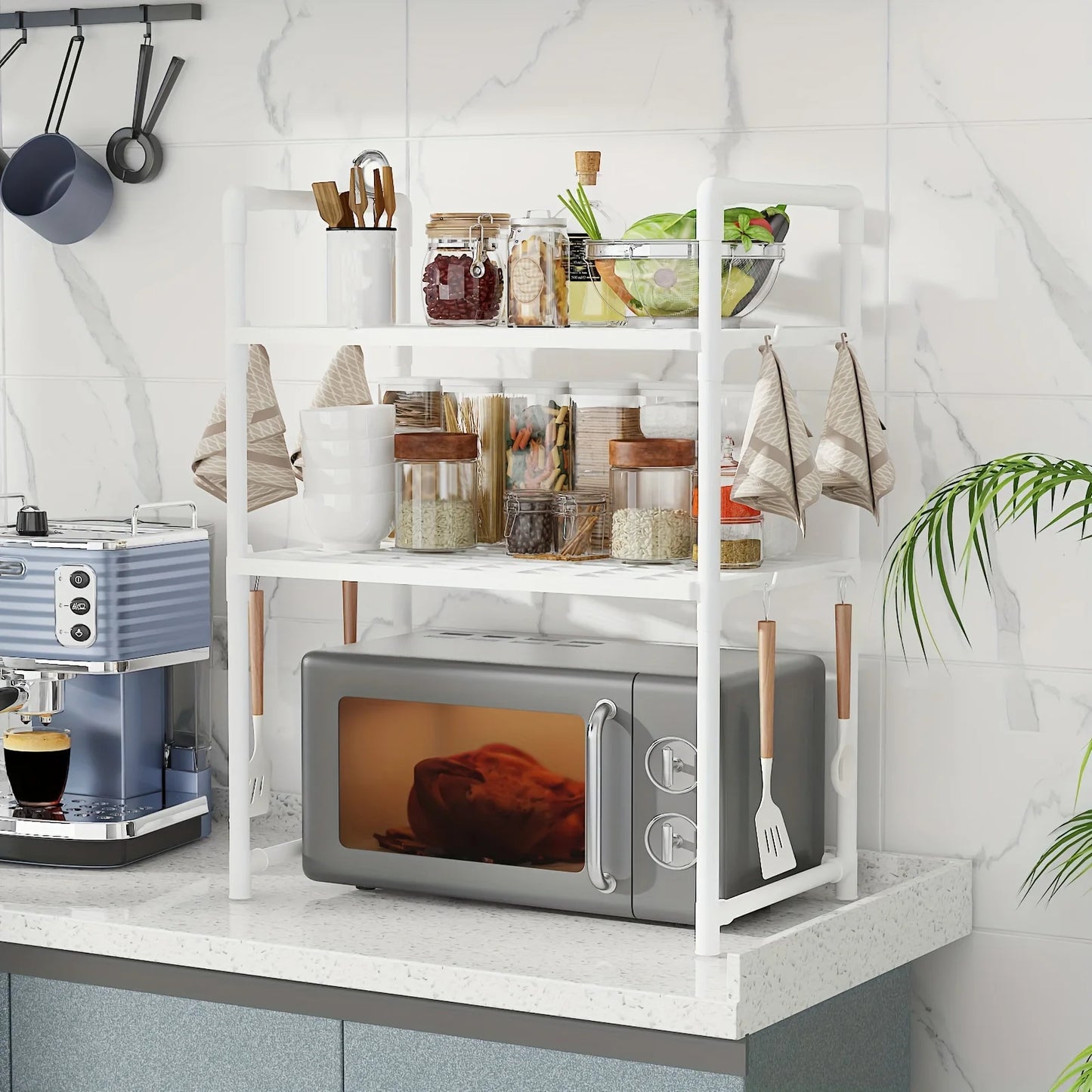 New Year: Heavy-Duty Adjustable/Stackable/Foldable Telescopic Upright Storage Rack/Microwave Stand - Multiple Models Available, Sturdy Metal Countertop Rack with Upper and Lower Shelves, Space-Saving Microwave Top Shelf and S