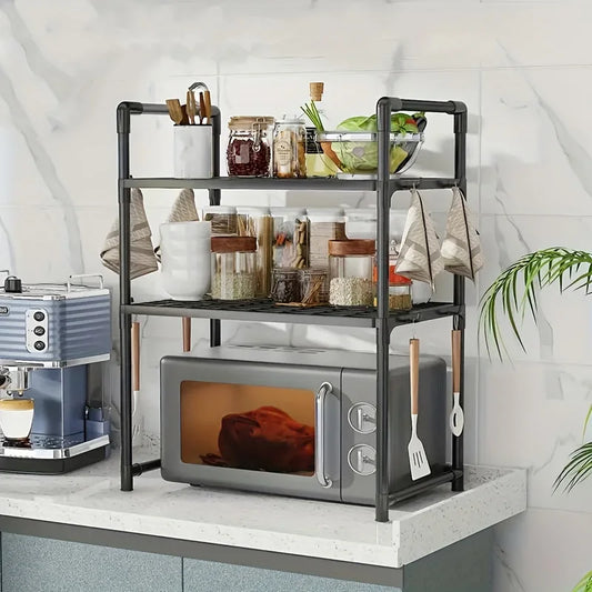 New Year: Heavy-Duty Adjustable/Stackable/Foldable Telescopic Upright Storage Rack/Microwave Stand - Multiple Models Available, Sturdy Metal Countertop Rack with Upper and Lower Shelves, Space-Saving Microwave Top Shelf and S