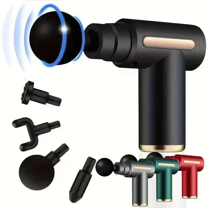 Electric massage gun, 4-piece deep tissue percussion massage tool, relaxes muscles in body parts and relieves pain.