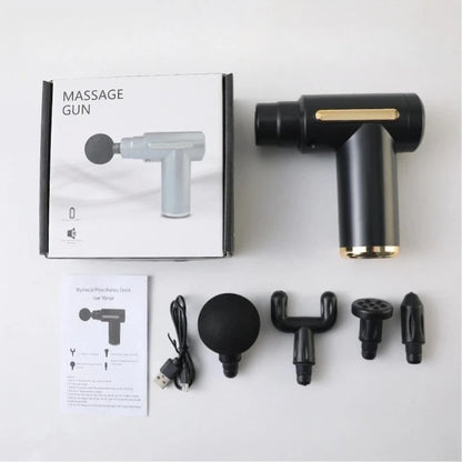 Electric massage gun, 4-piece deep tissue percussion massage tool, relaxes muscles in body parts and relieves pain.