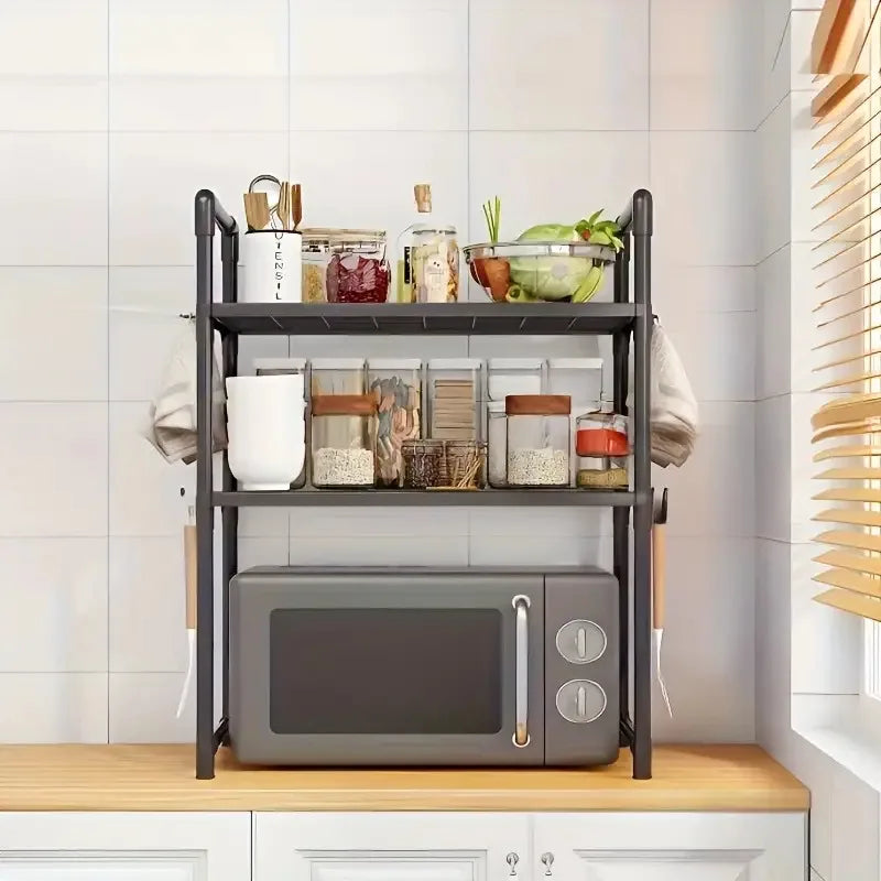 New Year: Heavy-Duty Adjustable/Stackable/Foldable Telescopic Upright Storage Rack/Microwave Stand - Multiple Models Available, Sturdy Metal Countertop Rack with Upper and Lower Shelves, Space-Saving Microwave Top Shelf and S