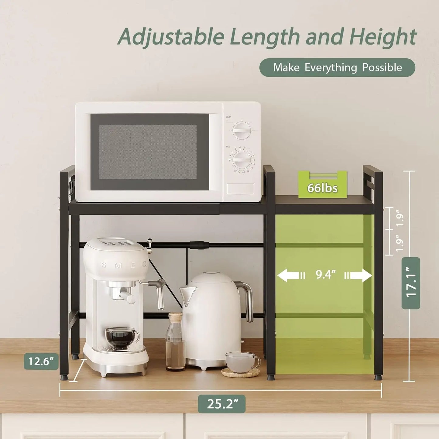 Expandable Microwave Stand, 2 Tier Metal Kitchen Countertop Organizer Shelves with 8 Hooks, 55lbs Capacity, Adjustable Height