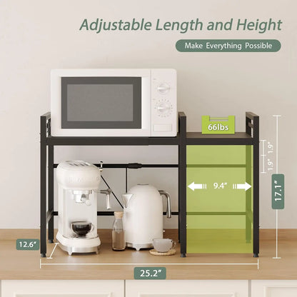 Expandable Microwave Stand, 2 Tier Metal Kitchen Countertop Organizer Shelves with 8 Hooks, 55lbs Capacity, Adjustable Height