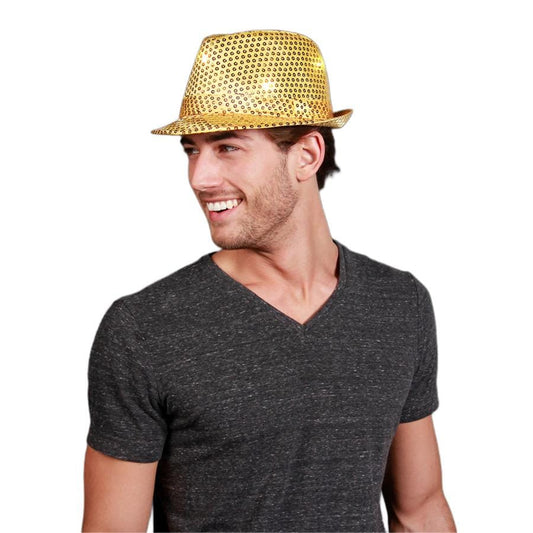LED Flashing Light Up Fedora Hat with Gold Sequins