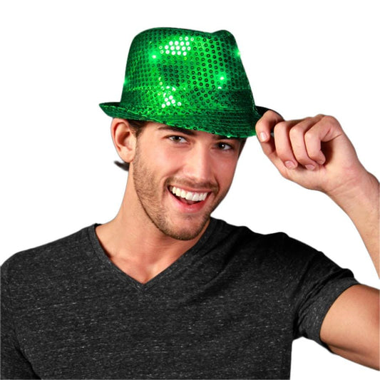 LED Flashing Fedora Hat with Green Sequins