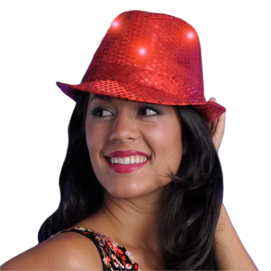 Light Up LED Flashing Fedora Hat with Red Sequins