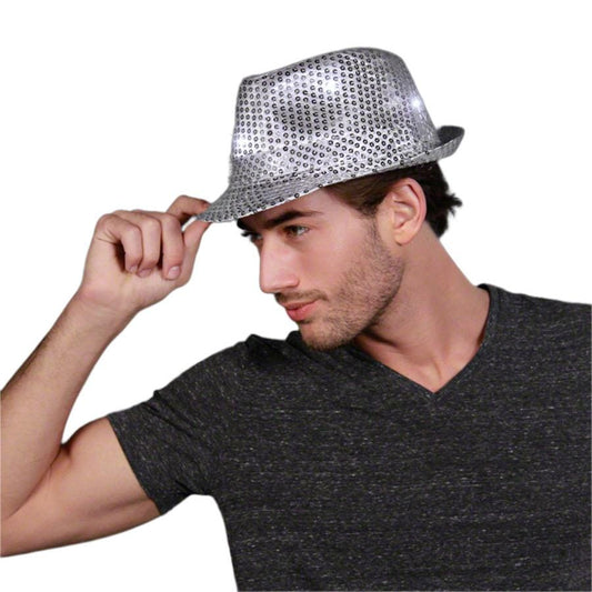 LED Flashing Fedora Hat with Silver Sequins