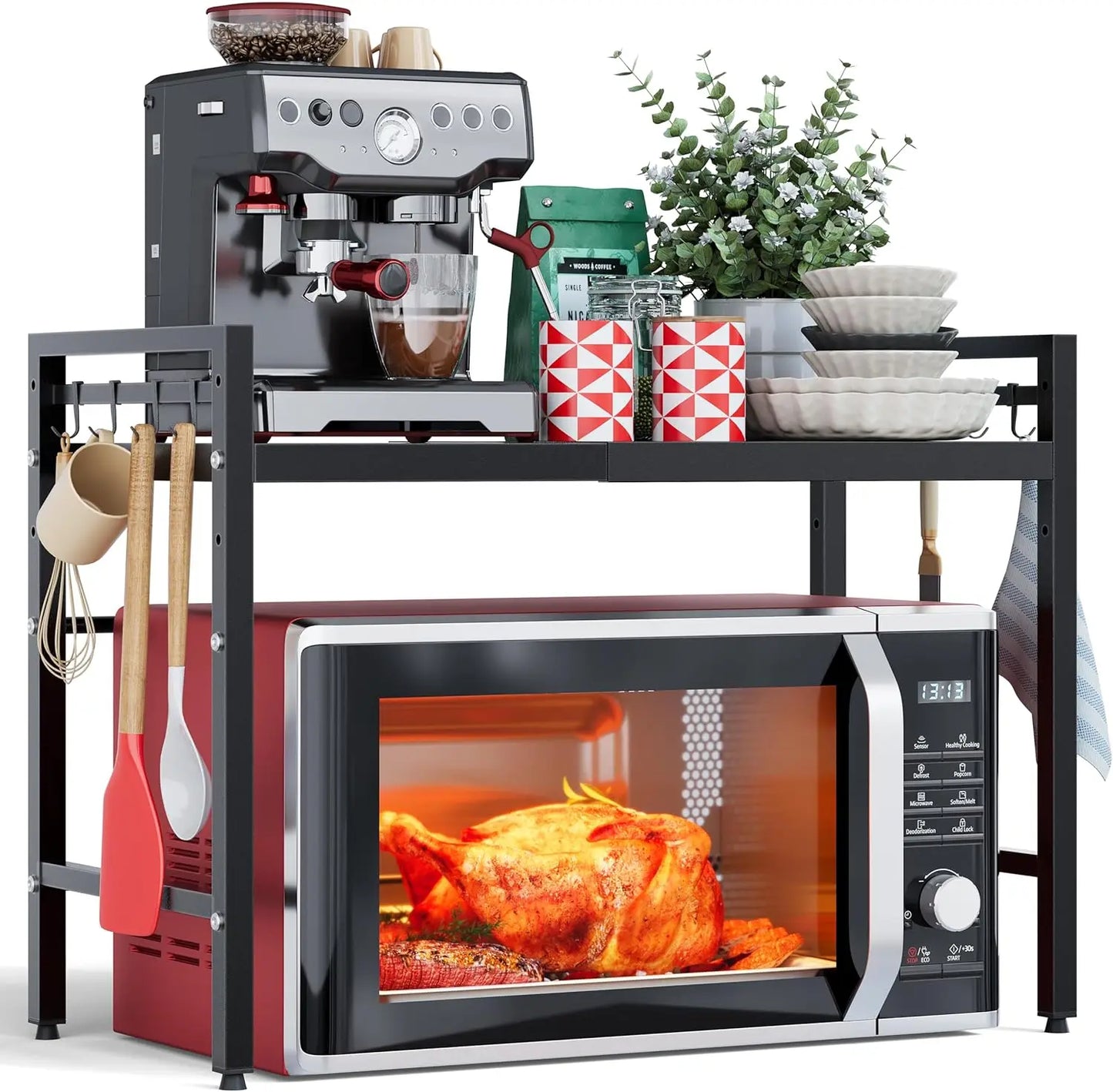 Expandable Microwave Stand, 2 Tier Metal Kitchen Countertop Organizer Shelves with 8 Hooks, 55lbs Capacity, Adjustable Height