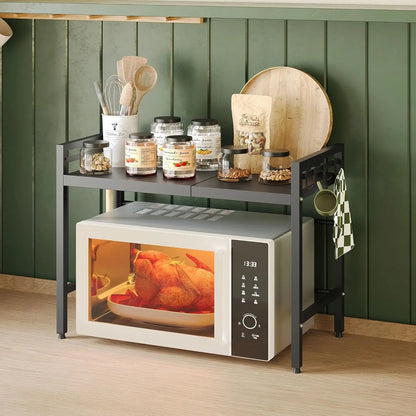 Expandable Microwave Stand, 2 Tier Metal Kitchen Countertop Organizer Shelves with 8 Hooks, 55lbs Capacity, Adjustable Height