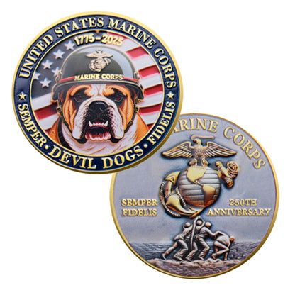 Bulldog Design US Marine Corps 250th Anniversary Challenge Gold Plated Coin